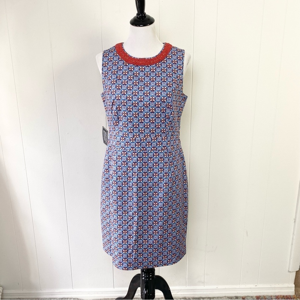 Nicoblu Coralie Sheath Dress Beaded Neckline Size 10 Shell Print Blue New $298 — image 2 of 8
